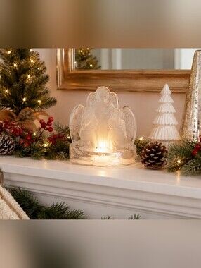 Vintage Holiday Time Frosted Glass Angel Tea Light Candle Holder w/ Box Candle